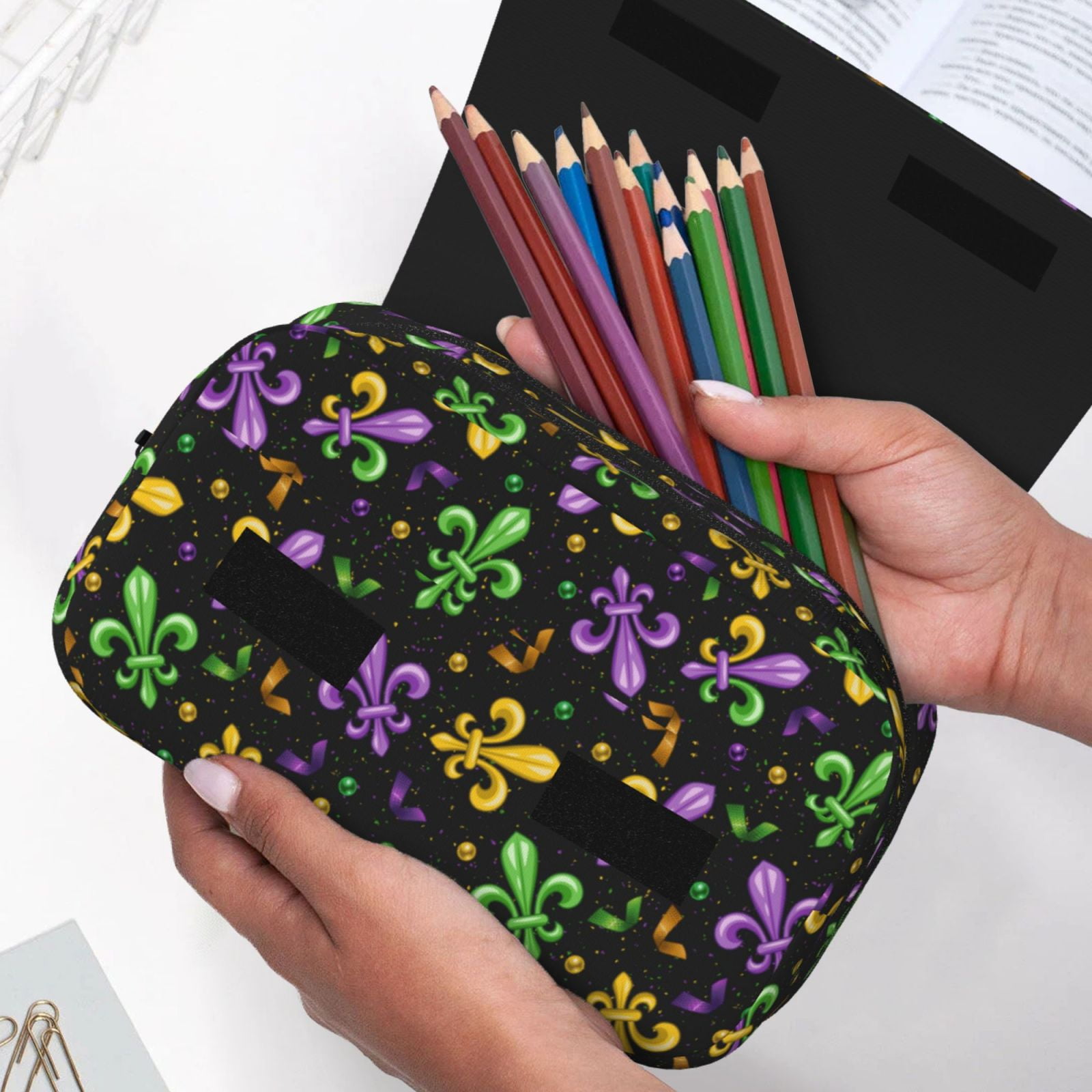 Rateoe Mardi Gras Carnival4 Pattern Double Clamshell Pen Case, Storage Organizer with Two Zipper Compartments– Holds Up to 50 Pencils & Pens