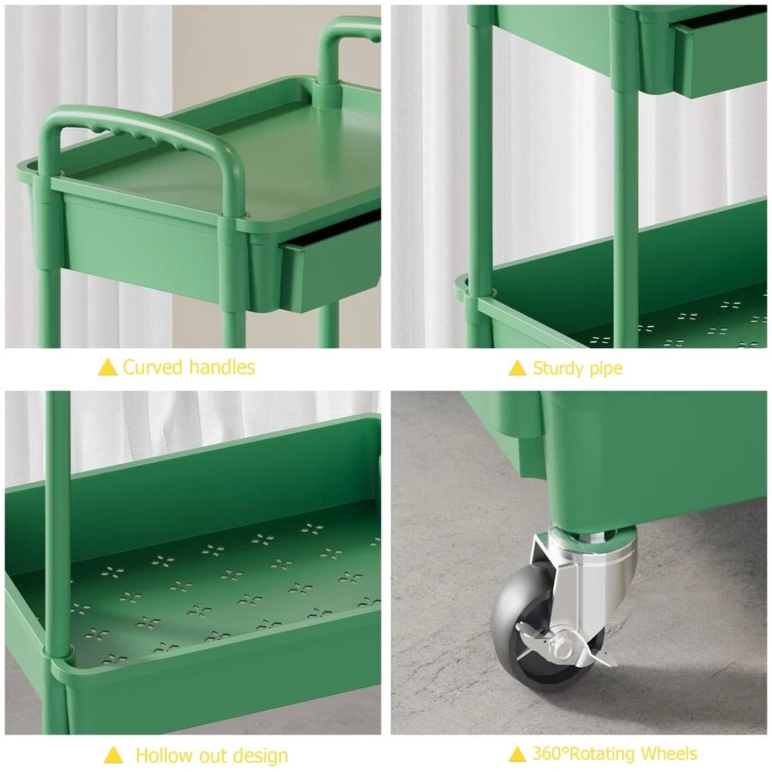 NTGFU 3 Tier Rolling Storage Cart with Drawers Rolling Utility Cart with Drawers,Room Decor,Bathroom Decor,Rolling Utility Cart Rolling Storage Organizer Tool for Kitchen,Green
