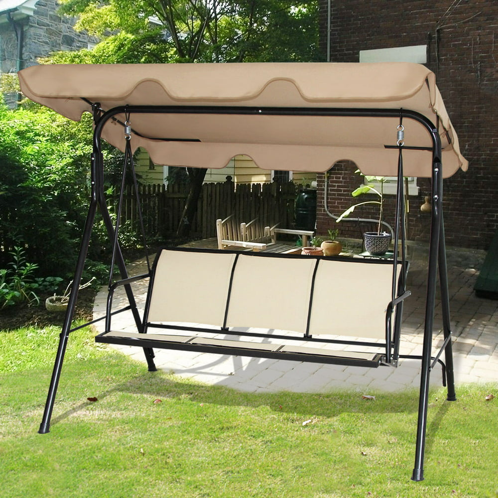 Gymax Brown Outdoor Swing Canopy Patio Swing Chair 3 Person Canopy