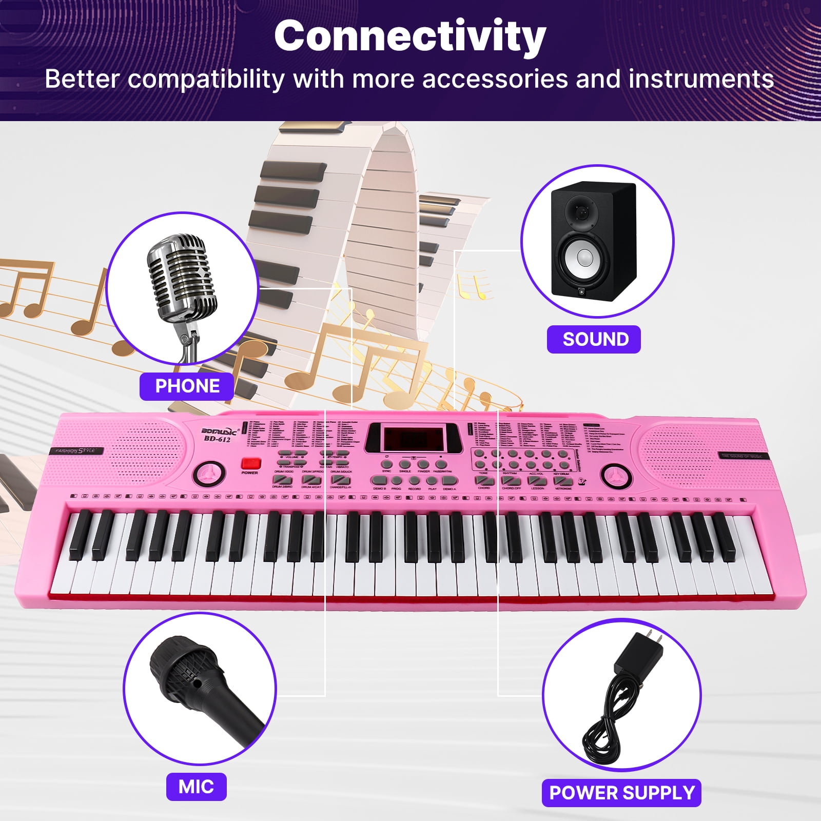 iMeshbean 61 Keys Keyboard Piano Electronic Digital Piano w/Built-In Speaker Microphone（pink）