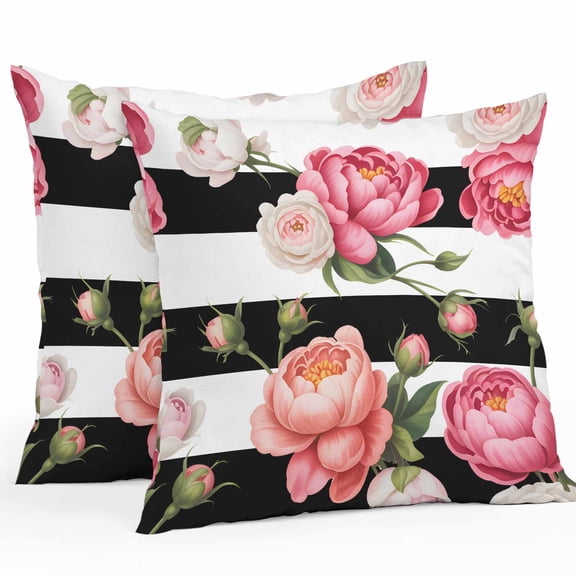 Throw Pillow Covers 26x26 Inch Set of 2, Pink Flower Waterproof Outdoor Pillow Covers, Black White Stripesvintage Floral Decorative Cushion Pillowcases for Couch, Sofa, Bed, Garden, Patio
