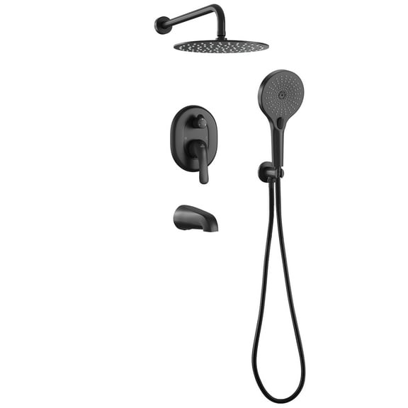 CASAINC 3-Spray Patterns Wall Mount Handheld Shower Head with Tub Faucet and 10 in. Shower Head 1.8 in Matte Black