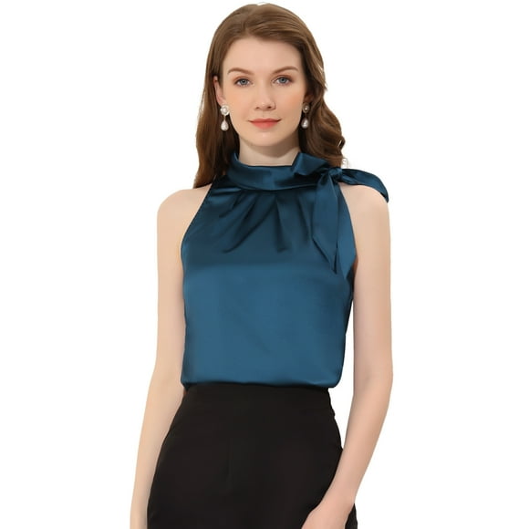 Unique Bargains Women's Elegant Satin Sleeveless Bow Tie Neck Solid Work Blouse Top Peacock Blue XL