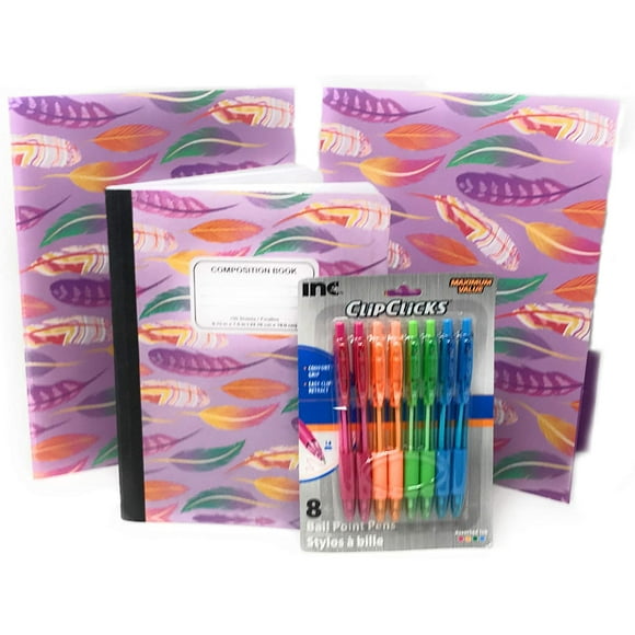 Back to School Bundle, Includes 1 Pack of Feather Folders (2 Pack) 1 Feather Composition Book (100 Sheets) and 1 Pack