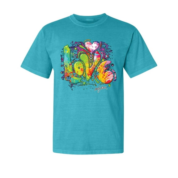 Wild Bobby, Colorful Rainbow Paint Love, Streetwear, Garment-Dyed Washed Look Short Sleeve T-Shirt, Blue Lagoon, Small