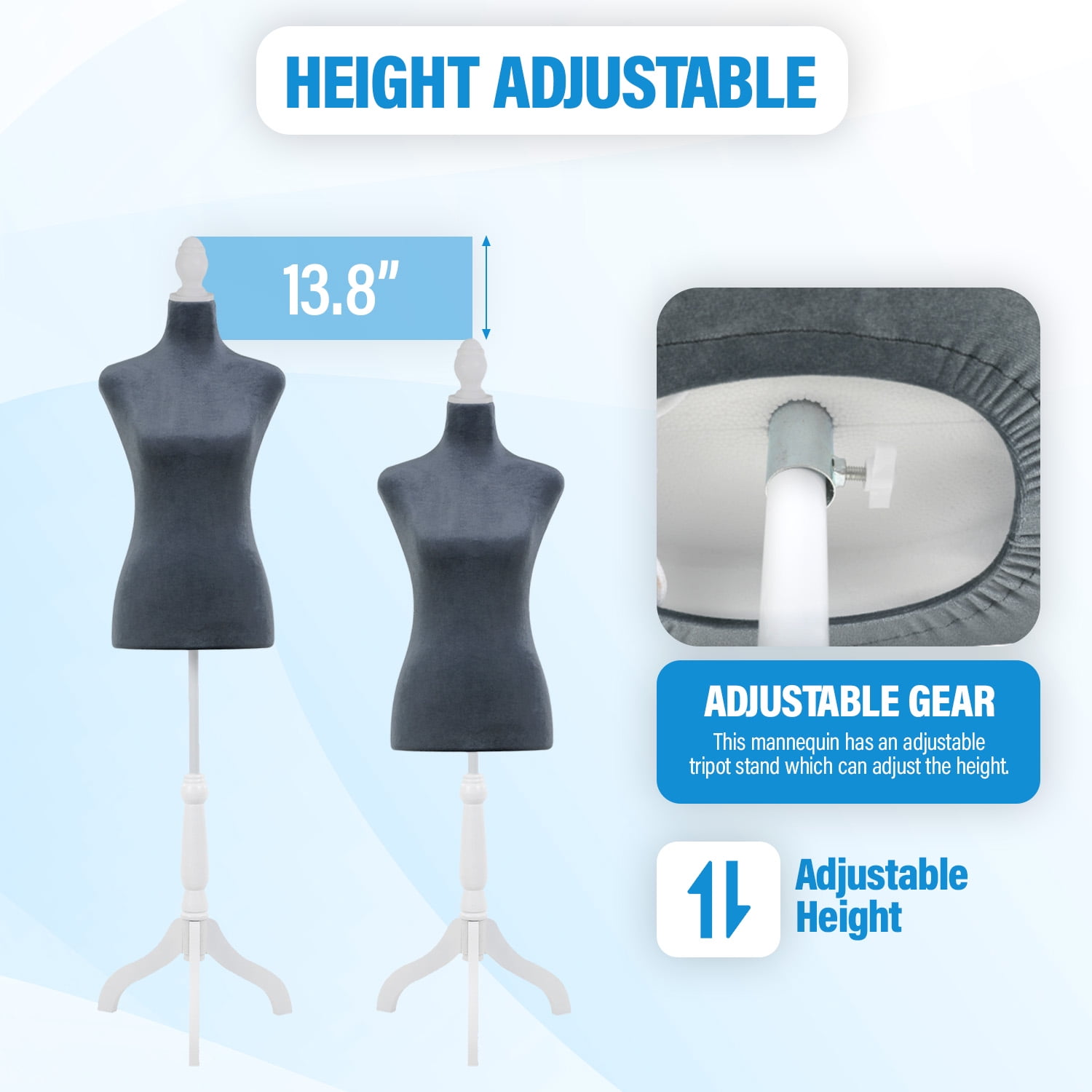 FDW Dress Form Sewing Mannequin - 50-63" Adjustable w/Wooden Tripod Stand，Grey