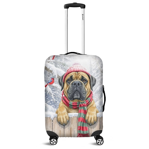 Playful Bullmastiff Welcomes Winter Snowy Day with Cardinal Bird Travel Luggage Cover Dog Lover Suitcase Dust Protective Decor - 2017