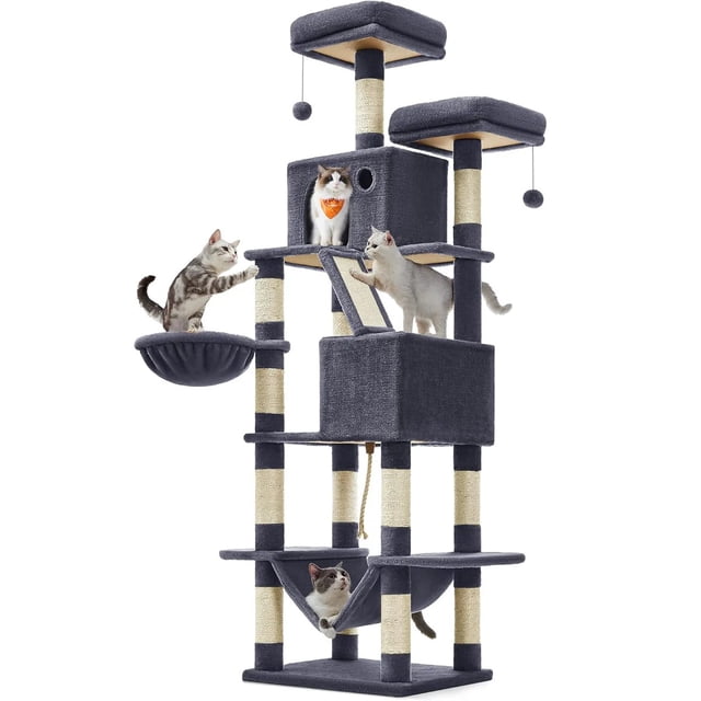 BestHome Multi-Level Cat Tree & Condo – Sturdy Climbing Tower with Sisal Scratching Posts & Interactive Toys, 81inch, Gray