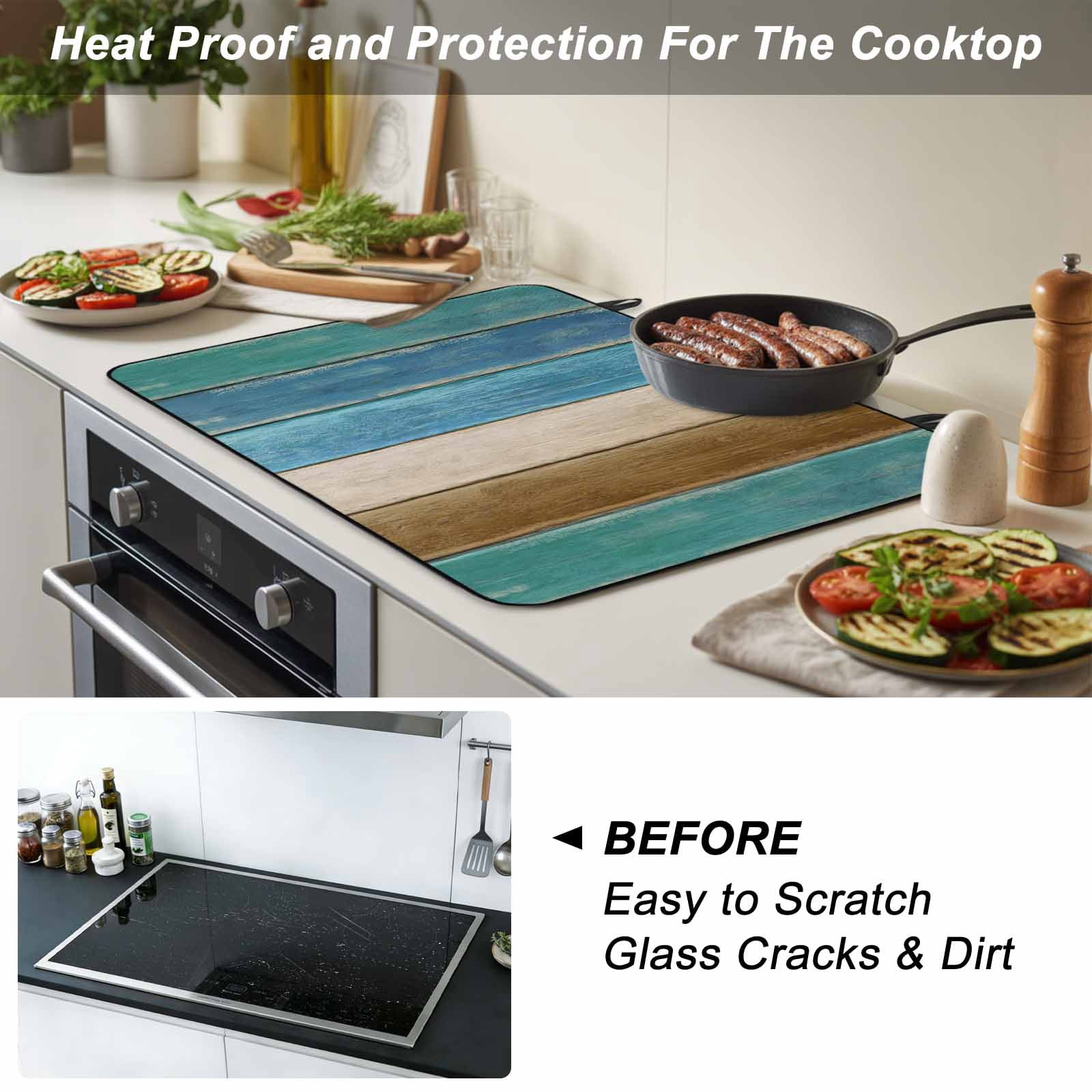 Teal Brown Blue Wooden Stove Top Cover for Electric Stove, Heat-proof & Non Slip Glass Top Stove Cover Protector, Farmhouse Vertical Striped Art Kitchen Flat Cooktop Rubber Mat 24x21 Inches