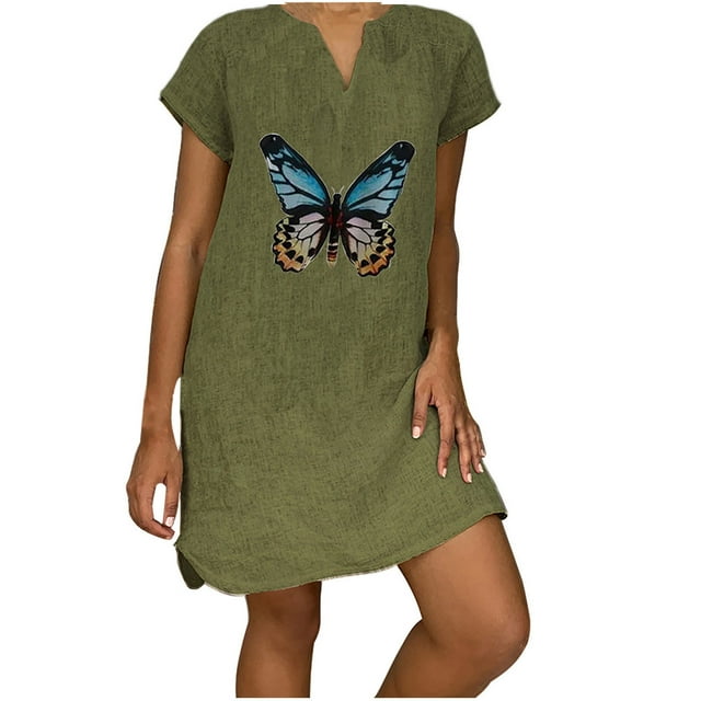 SMihono Robe d'Été Boho pour Femmes Grande Taille Femmes Manches Courtes Col en V Décontracté Vacances Imprimé Mini Robe Droite