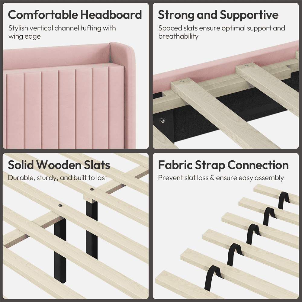 Renwick Upholstered Velvet Bed Frame with Charging Outlets and USB Ports, Queen, Pink