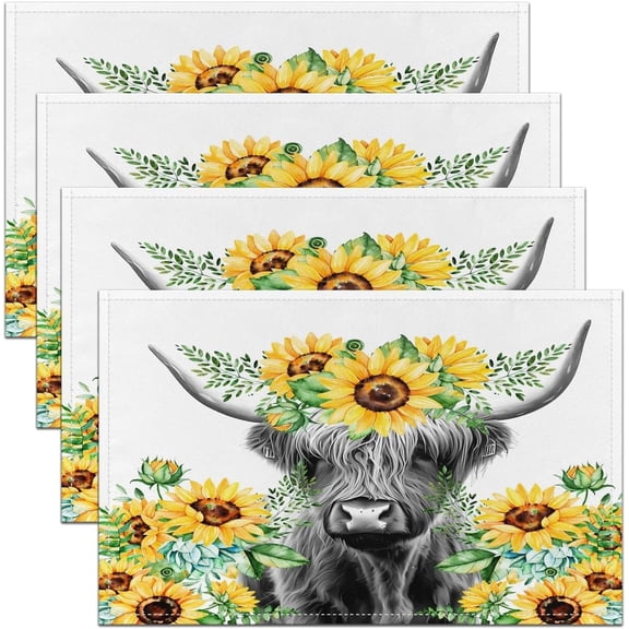 Highland Cow Placemats Pack of 4,Highland Cattle Sunflower Placemat for Kitchen Dining Table DecorationReversible Animal Botanical Yellow Floral Table Place Mats,18"x12"