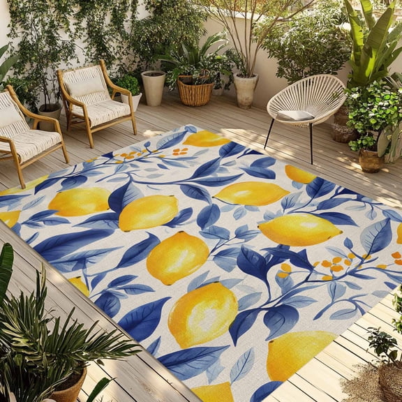 Fsddascl Yellow Lemon Outdoor Rug for Patio/Deck/Porch, Non-Slip Large Area Rug 4 x 6 Ft, Blue Leaf Vintage Botanical Summer Spring Indoor Outdoor Rugs Washable Area Rugs, Camping Rug Carpet