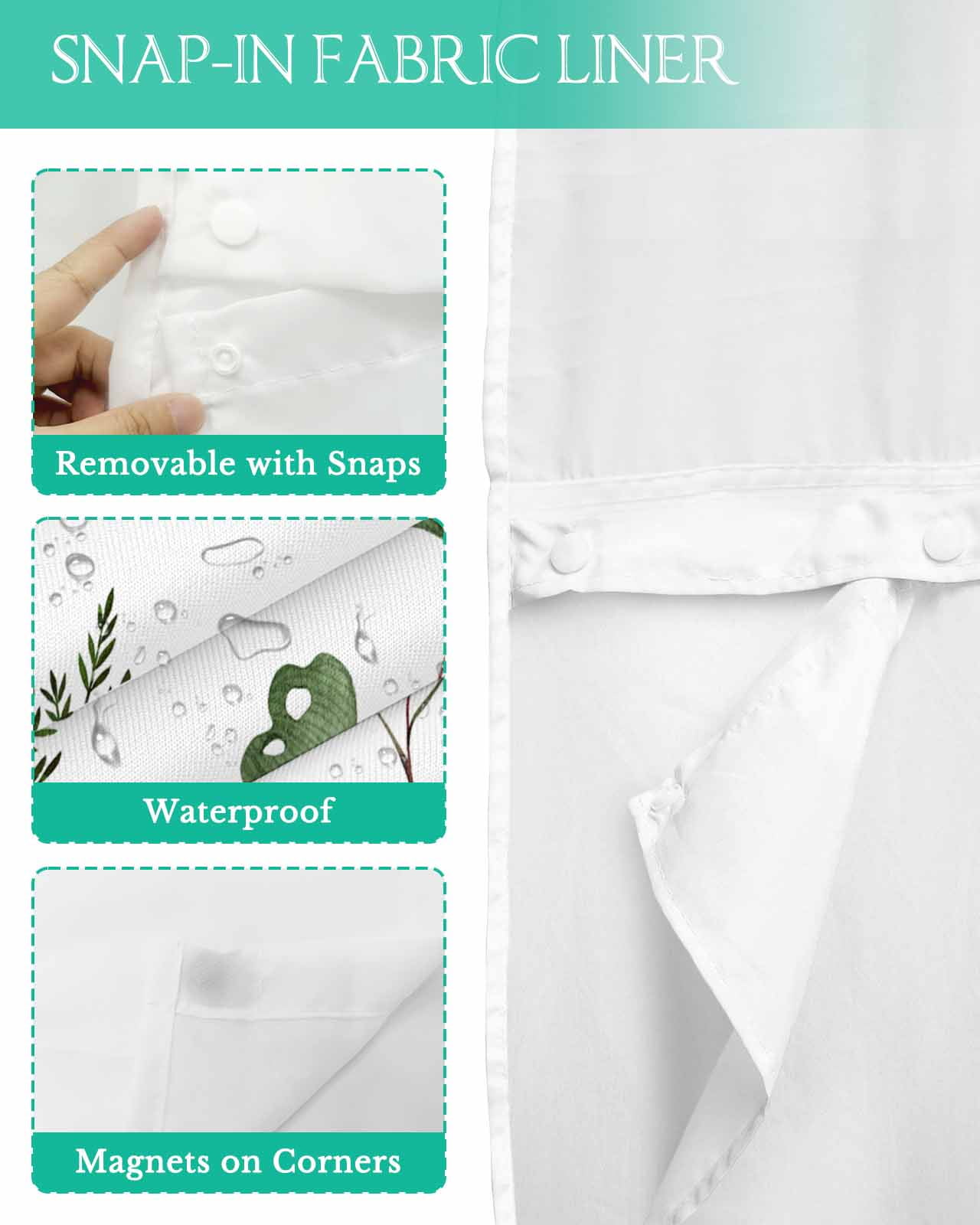 No Hook Shower Curtain with Snap in Liner, Green Fern Plant Leaves Hotel Shower Curtains for Bathroom, Washable Shower Curtain Liner Set with Mesh Top Window, 72"x72"
