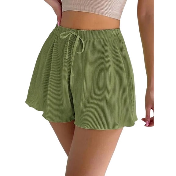 Summer Casual Tie Front Lettuce Trim Ribbed Knit Shorts High Waist Women'S Shorts Green L