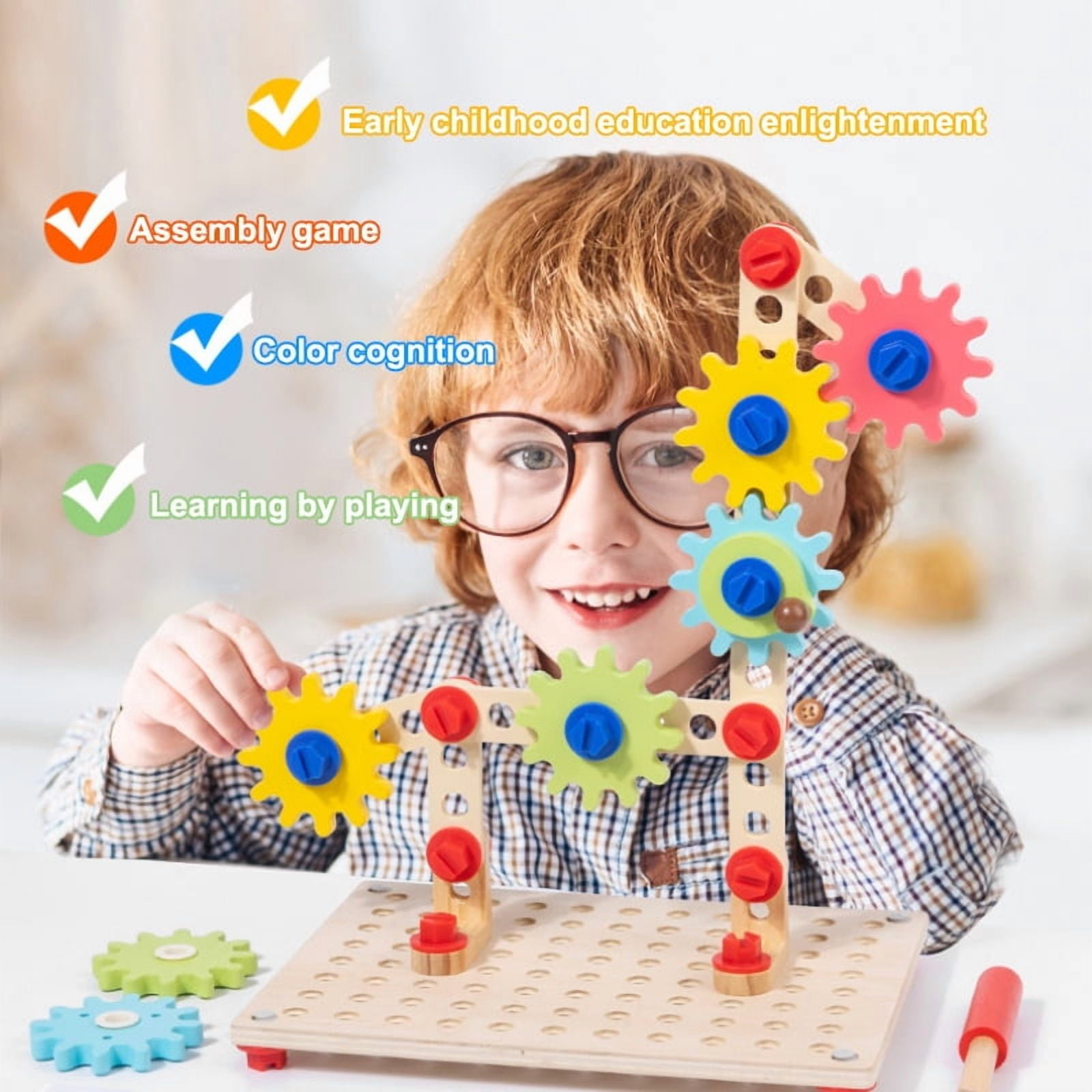 Wooden Nut & Gear Building Blocks, 3D Puzzle Assembly STEM Toy for Kids, Learning Tools Imagination, Birthday Christmas Gift, with Wrench