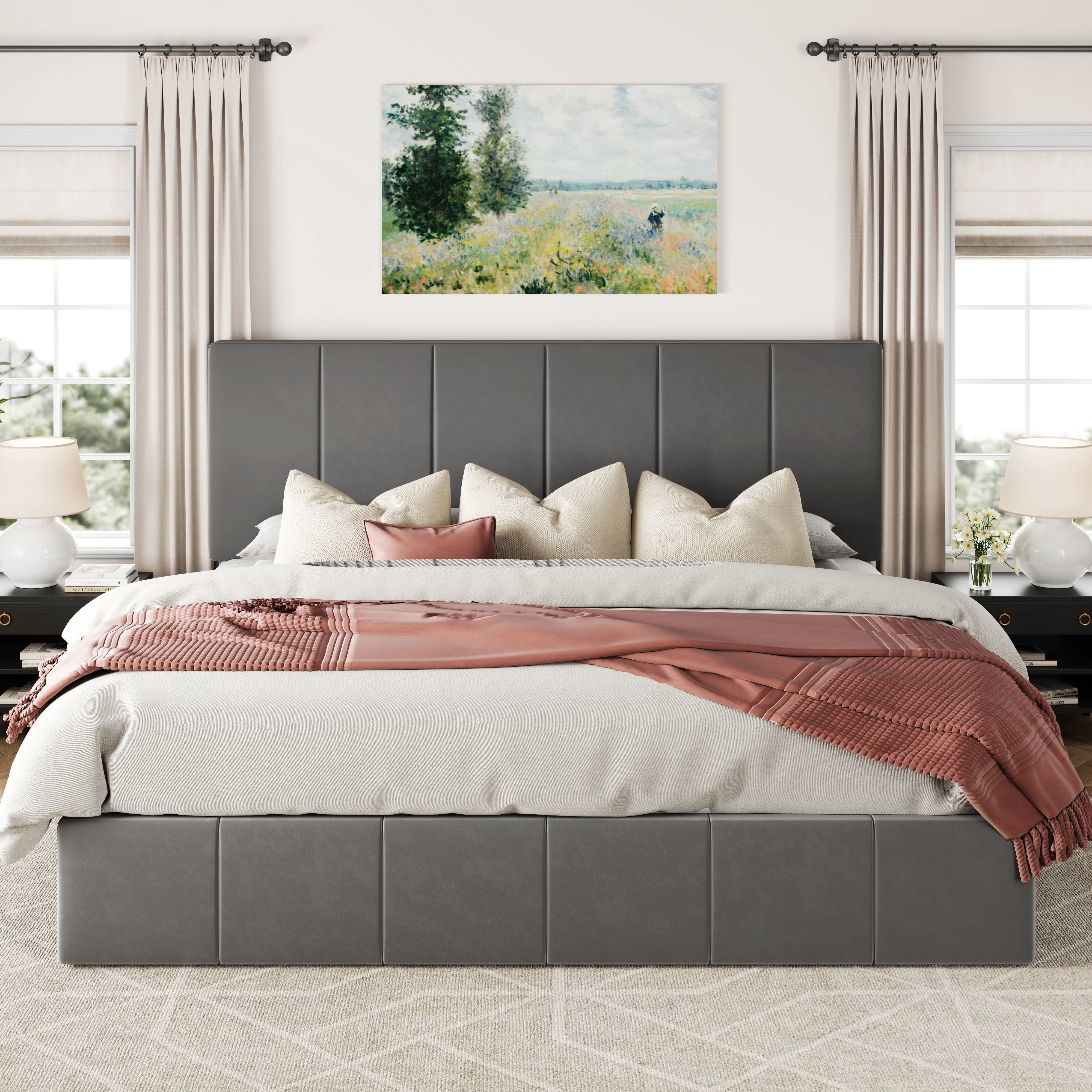 Allewie King Size Velvet Lift Up Storage Bed Frame, Vertical Channel Tufted Headboard, Hydrualic Underneath Storage, Upholstered Platform Bed, Wooden Slats Support, No Box Spring Needed, Gray