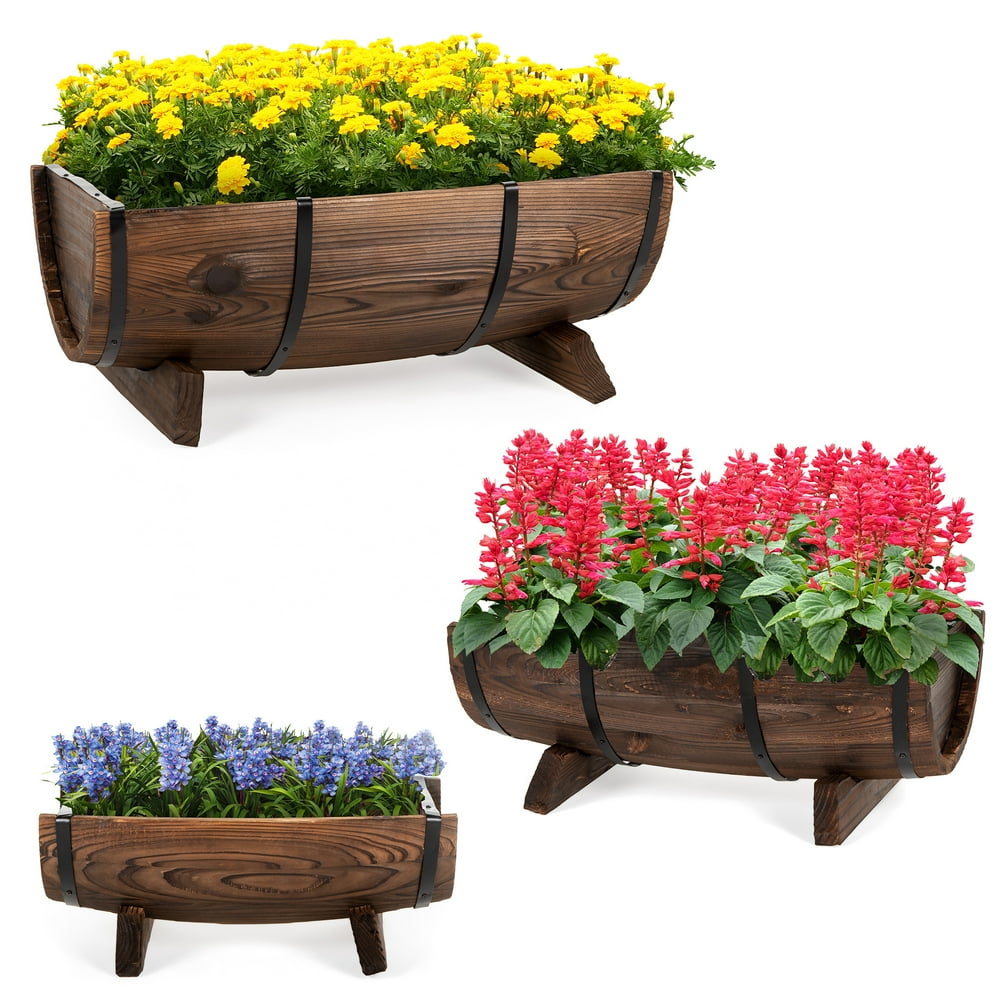 Best Choice Products Set of 3 Rustic Wood Half Barrel Flower Garden