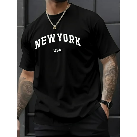 MBDMBD Men's Casual Short Sleeve T-Shirt with Bold NEW YORK USA Print, Light Grey Regular Fit Round Neck Summer Tee, Machine Washable, Casual Attire, Graphic Crewneck, Durable Casualwear, Comfortable