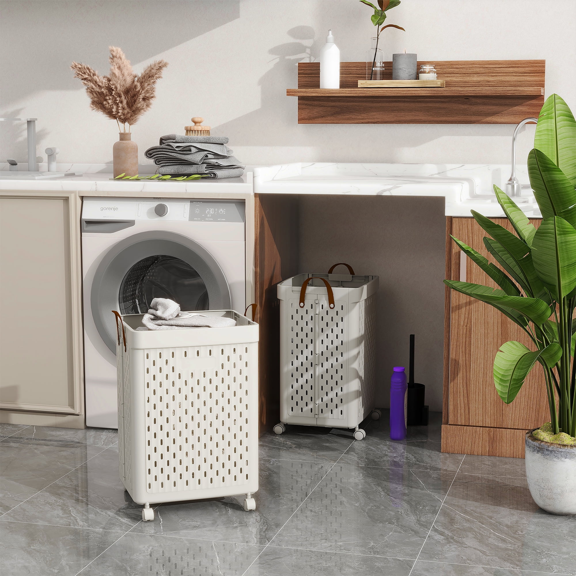 SEESPRING 1 Bushel Laundry Basket with Wheels Foldable Rolling Slim Laundry Basket Waterproof,Tall Thin Plastic Dirty Clothes Laundry Hamper
