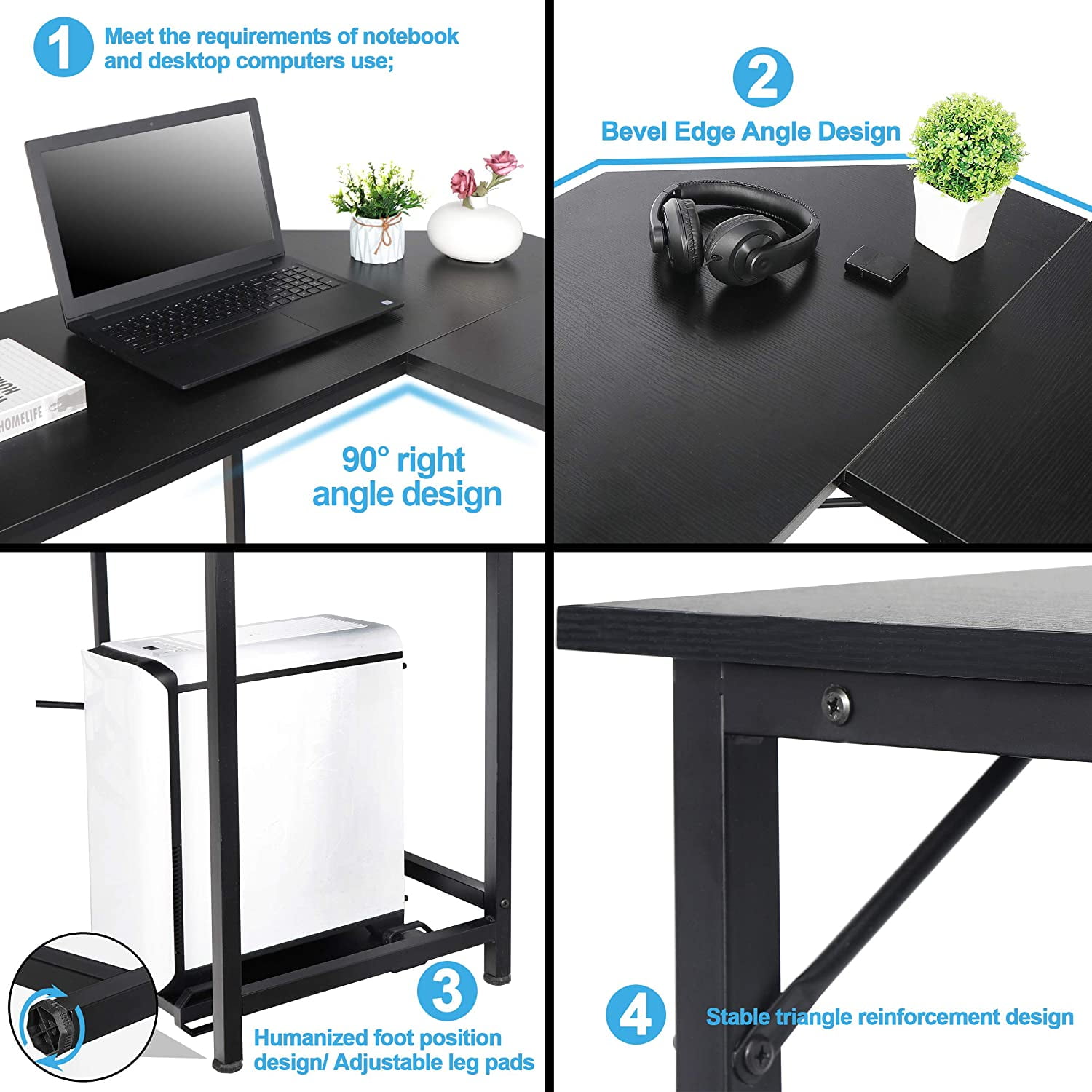Springg 66" L Shaped Gaming Corner Computer Desk with CPU Stand and Foot Rest Bar, PC Laptop Study Table Workstation Gaming Desk for Home Office, Black