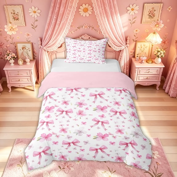Meiyoeat Cherry Blossom Bow Twin Bedding for Women Girls, Cartoon Watercolor Pink Floral Duvet Cover Set, Pink Reversible, 1 Duvet Cover and 1 Pillowcase (No Comforter)