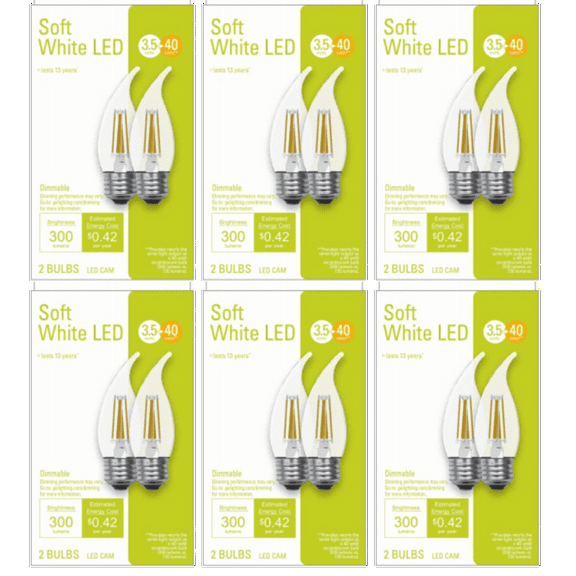 (case of 12 bulbs) GE Lighting Decorative LED Light Bulb, Clear, 3.5 watt, 300 lumen, 2700K warm white, bent tip,  medium base, Dimmable
