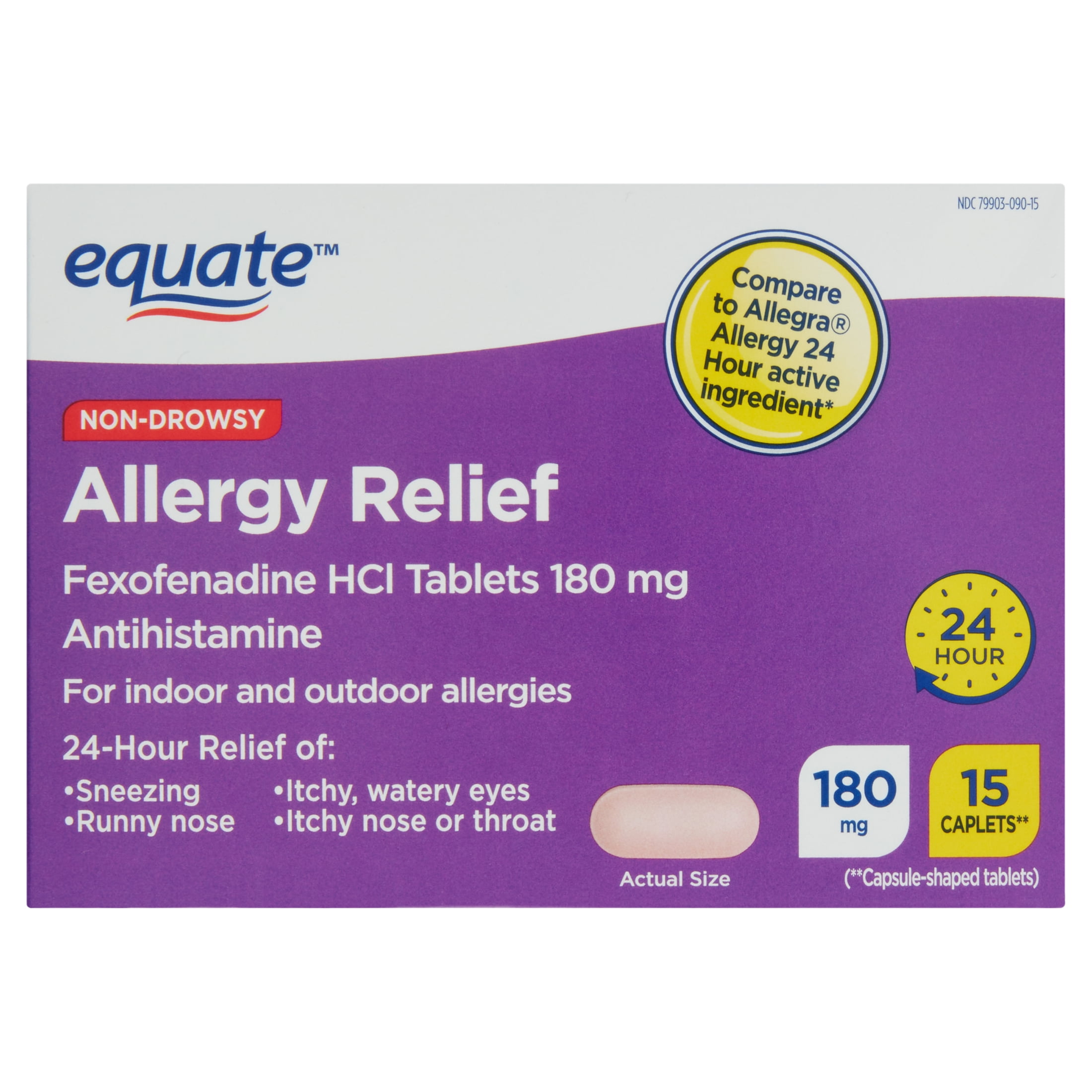 Equate NonDrowsy Allergy Relief Fexofenadine 180mg Caplets, 15 Count
