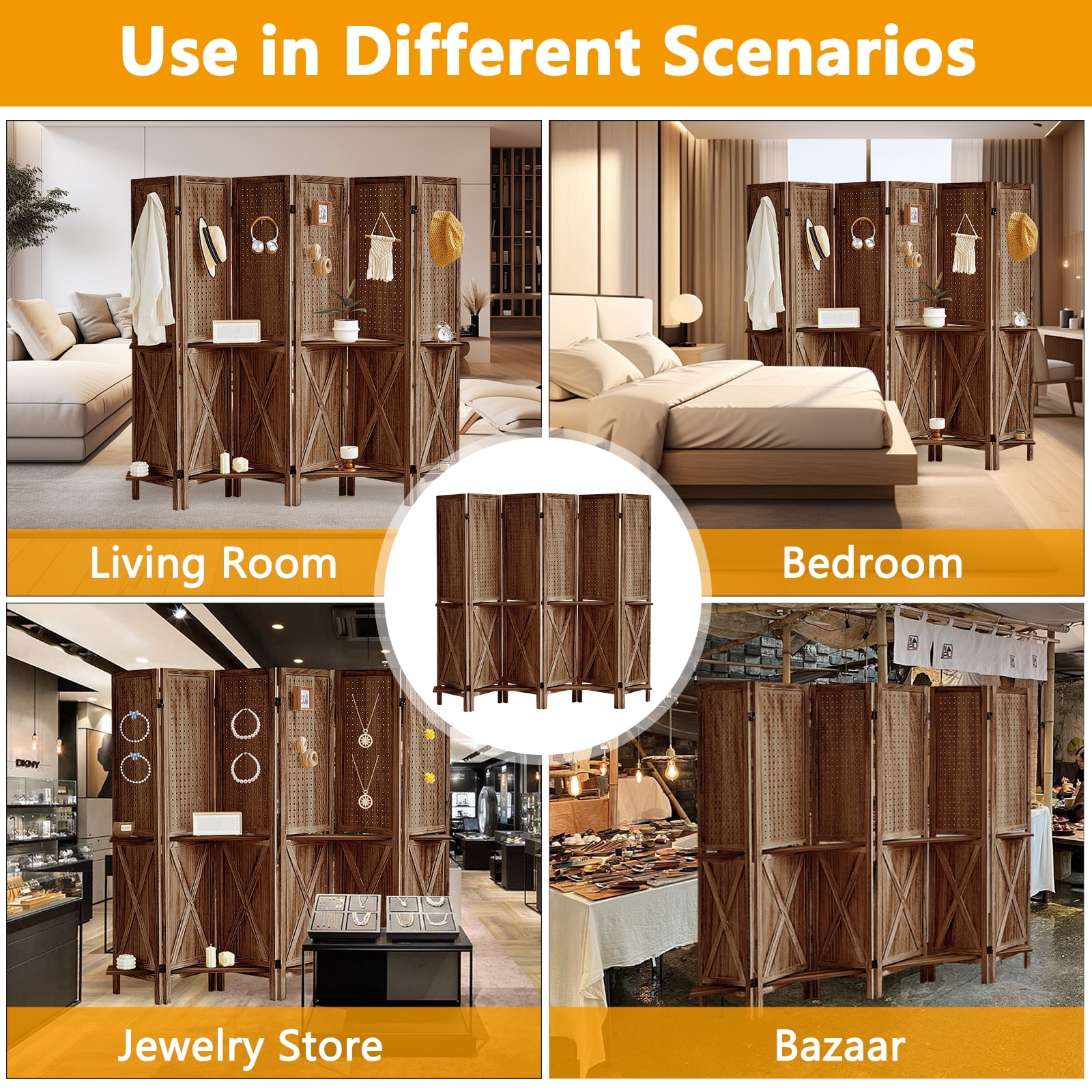 Aletheiawu 6 Panel Wood Display with 24 Hooks, Folding Room Divider, No Installation Require, Brown