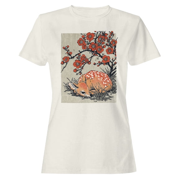 Smartprints Sleeping Fawn Under Cherry Blossoms Women's T-Shirt Off White, Cotton, S