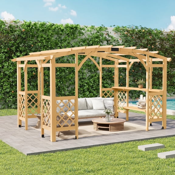 HAPPATIO 10 x 14 FT Outdoor Wood Pergola, Arched Top Gazebo, with Bar Counter, Grape Trellis for Climbing Plant, for Garden, Deck, Backyard (Brown)