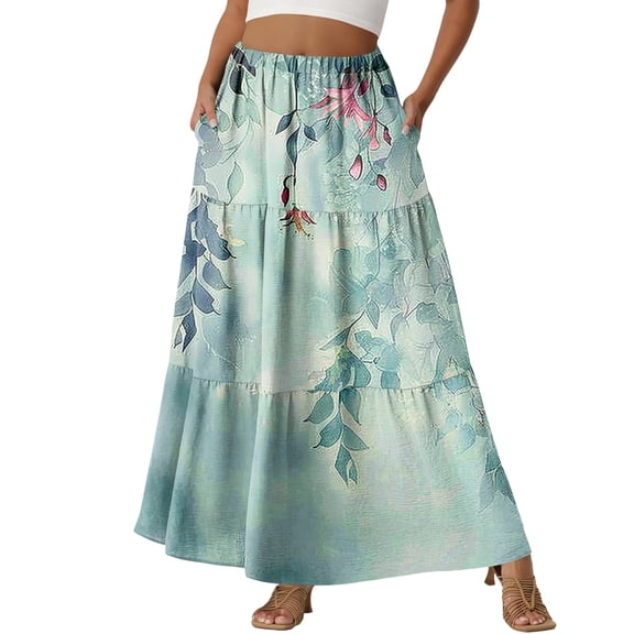 LWavelet Women's Floral Print Tiered Maxi Skirt, Elastic Waist with Pockets, Boho Summer & Beach Long Skirt Mint Green 2XL