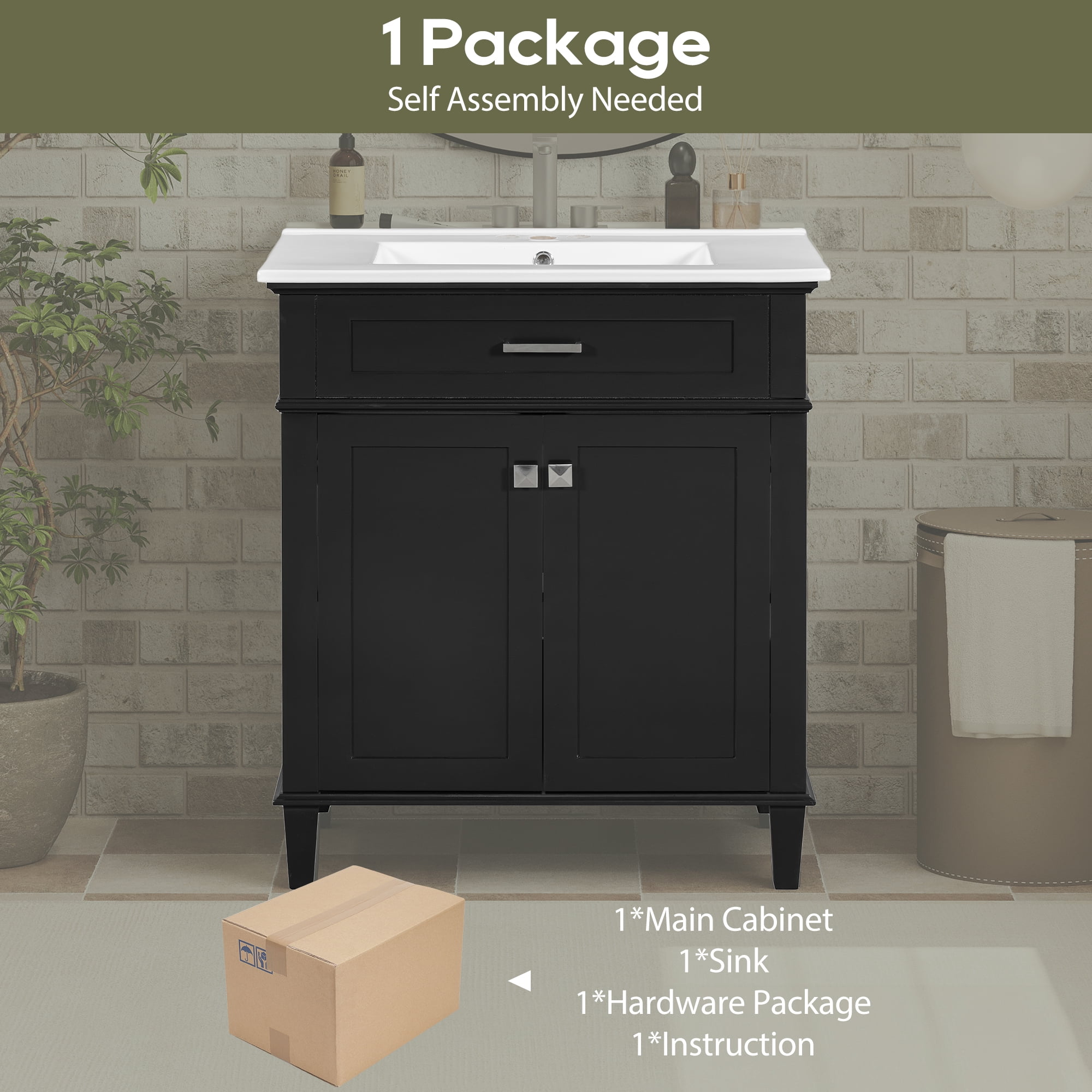 Euroco 30-inch bathroom vanity with ceramic basin, soft close door and adjustable shelves