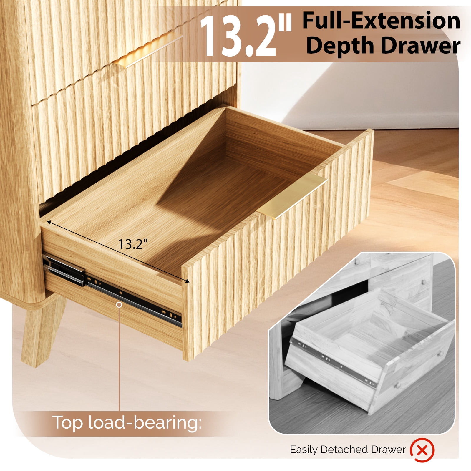 Ktaxon Fluted Tall 5 Drawer Dresser Solid Wood Chest of Drawers with Soft Close Slides Storage Cabinet for Bedroom Living Room Entryway Oak