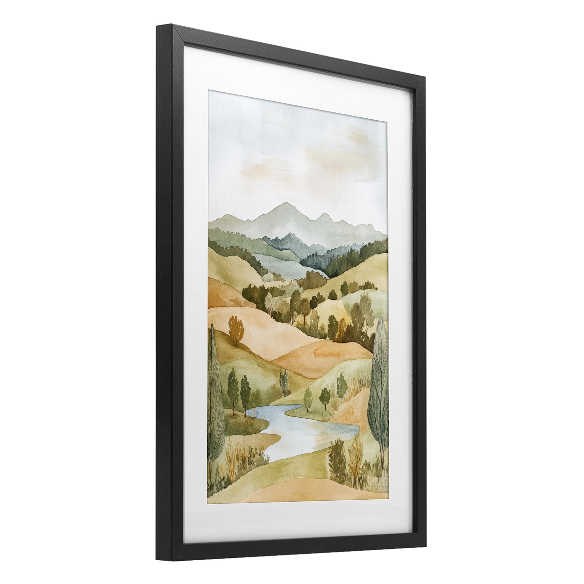 Stupell Industries Watercolor Hills & Tranquil Valley Black Framed Print Under Glass, design by Petal Prints Design