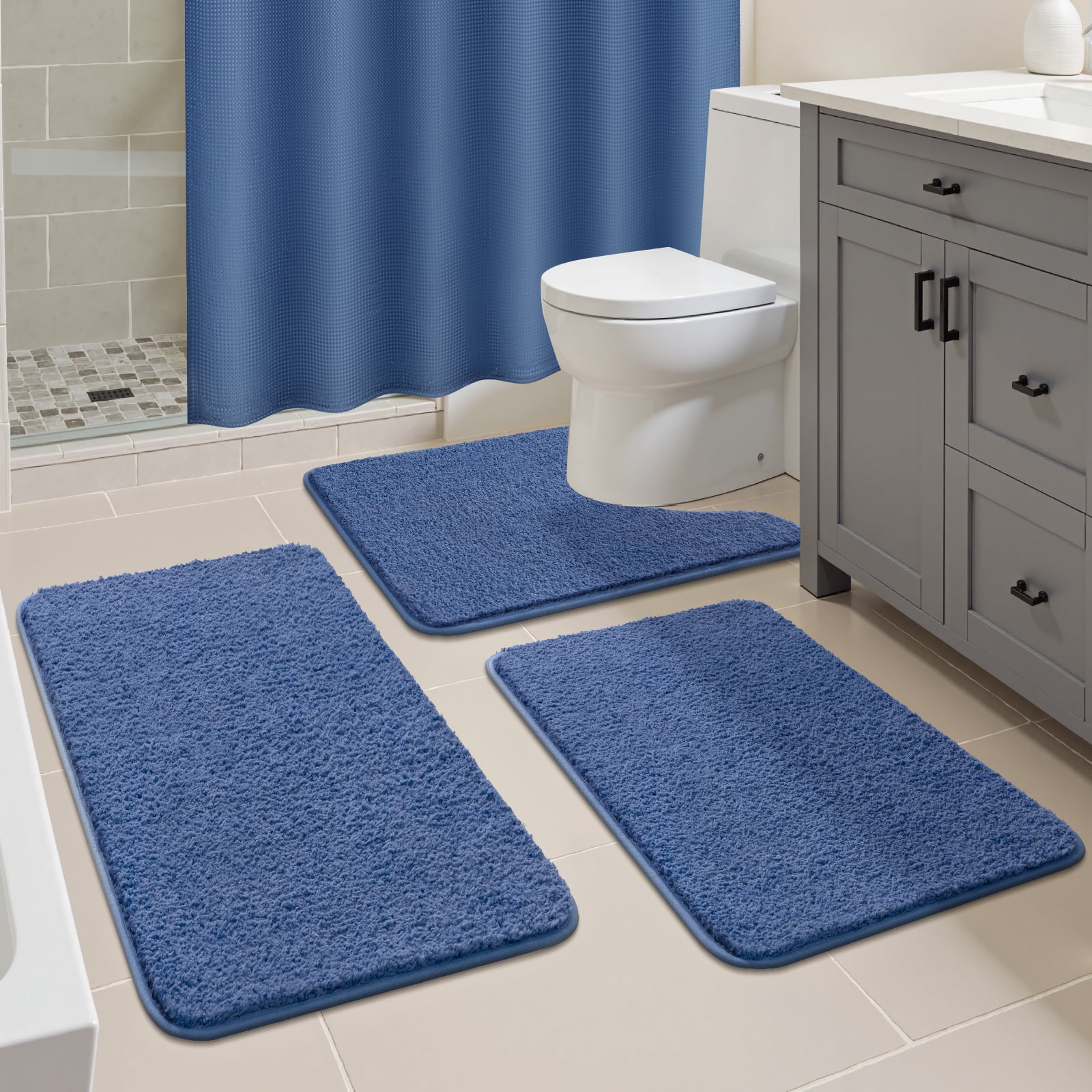 ‌Ileading 16-Piece Shower Curtain Set with Rugs, Waterproof Waffle Shower Curtain & Soft Non-Slip Bath Rugs with 12 Hooks, Blue Bathroom Sets