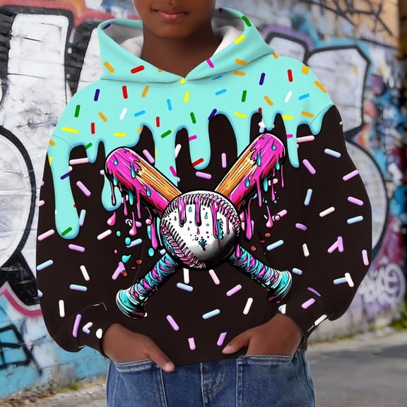 Trendfront Boys Hoodies Long Sleeve 3D Ice Cream Baseball All Over Print Kangaroo Pocket Fall Winter Casual Pullover Sweatshirt Tops