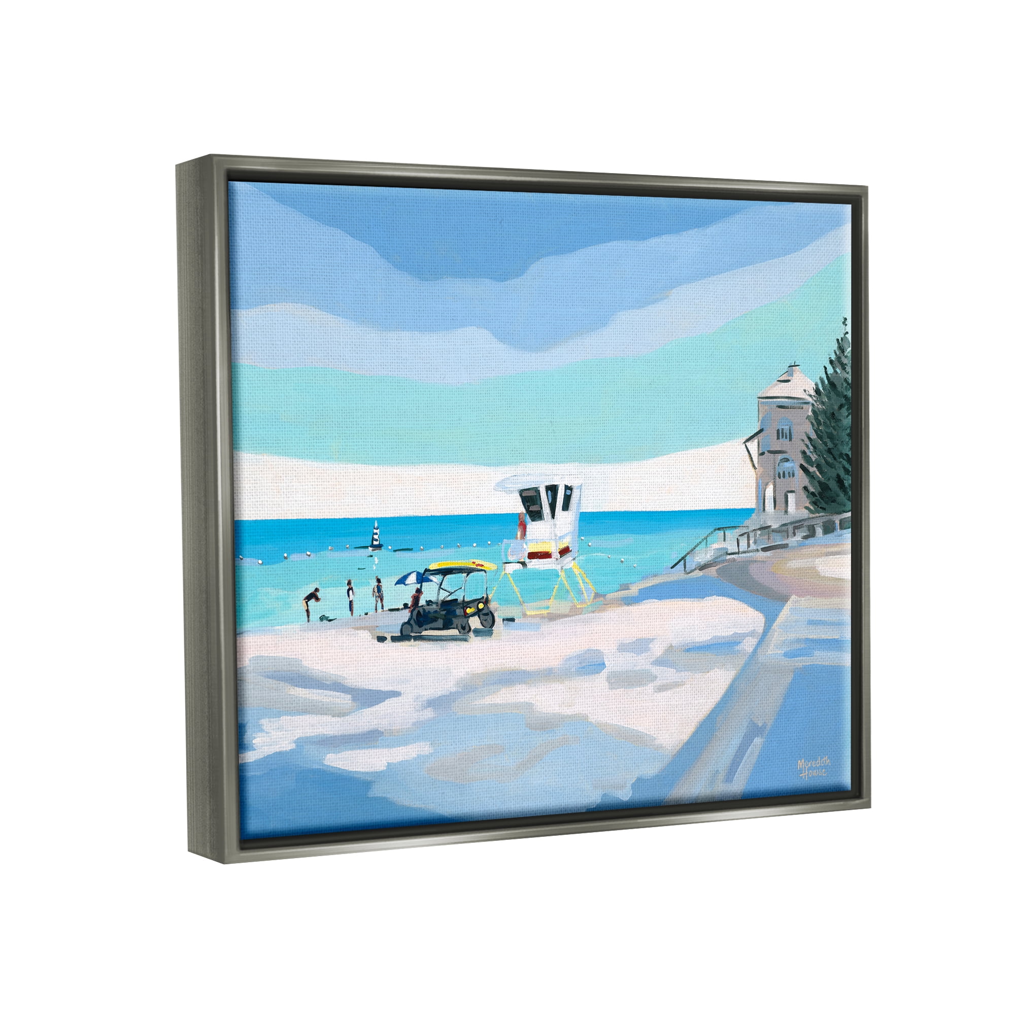 Stupell Industries Blue & White Beach Landscape Painting Gray Floater Framed Canvas Art Print Wall Art, 31 x 25