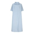 thumbnail image 4 of Summer Saving Wycnly Dresses for Women 2024 Loose Fashion Button Down Breathable Cotton Linen Shirt Maxi Dresses with Pockets Striped Print Short Sleeve Lapel Long Formal Dresses for Women Blue s, 4 of 6