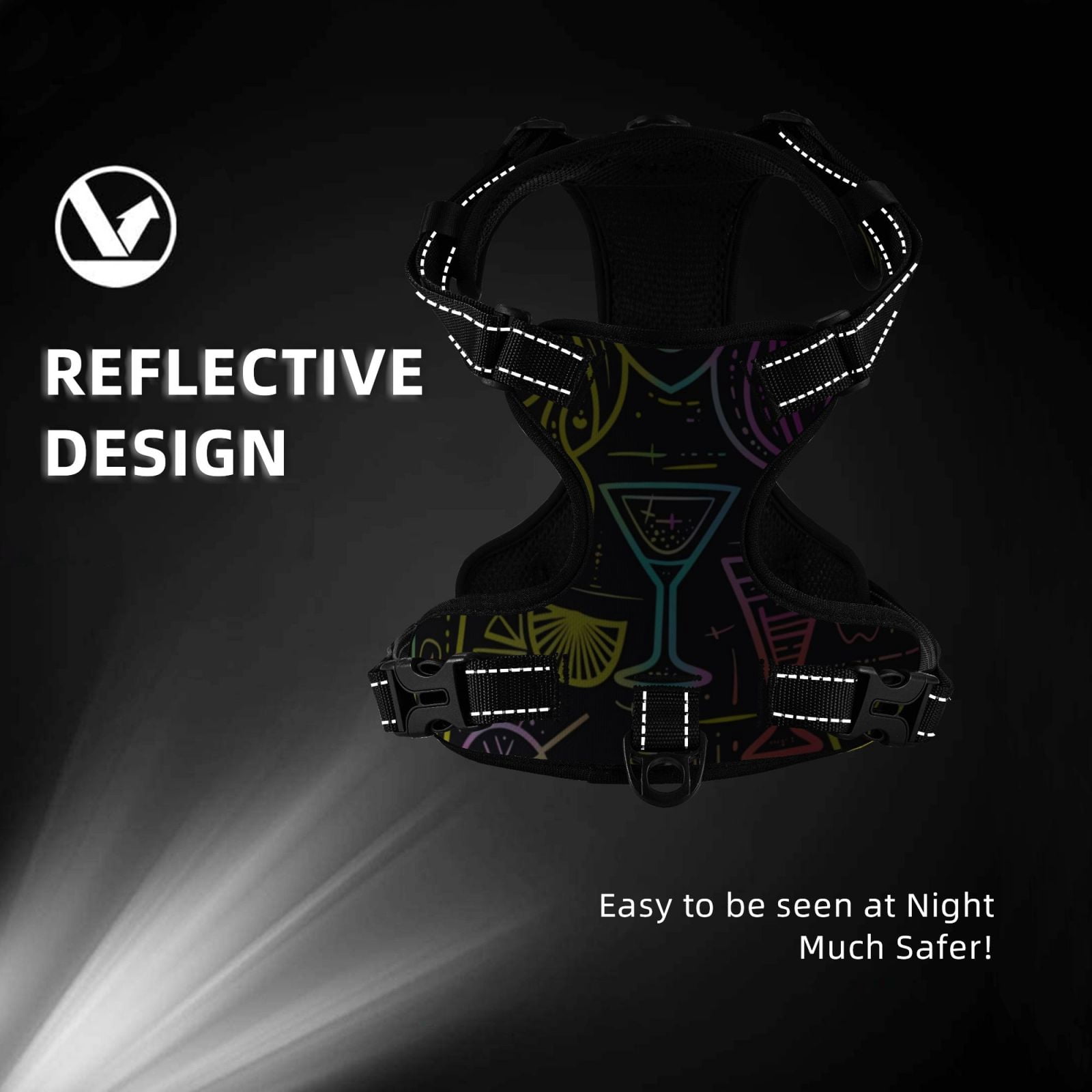 Fuzoiu Neon Bar Drinks Print Reflective Dog Harness,Adjustable, Breathable Pet Vest,Dog Harness No Pull,No Choke Pet Vest for Small, Medium, and Large Dogs-Medium
