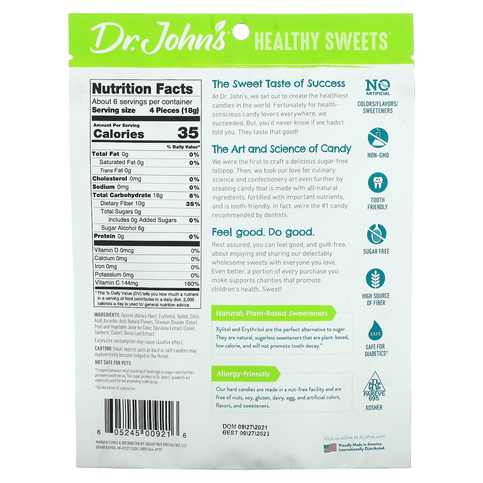 Dr. John's Healthy Sweets, Creamsicle Swirl Hard Candy, + Fiber & Vitamin C, Blackberry, Blue Raspberry, Orange, Peach, & Strawberry, Sugar Free, 3.85 oz