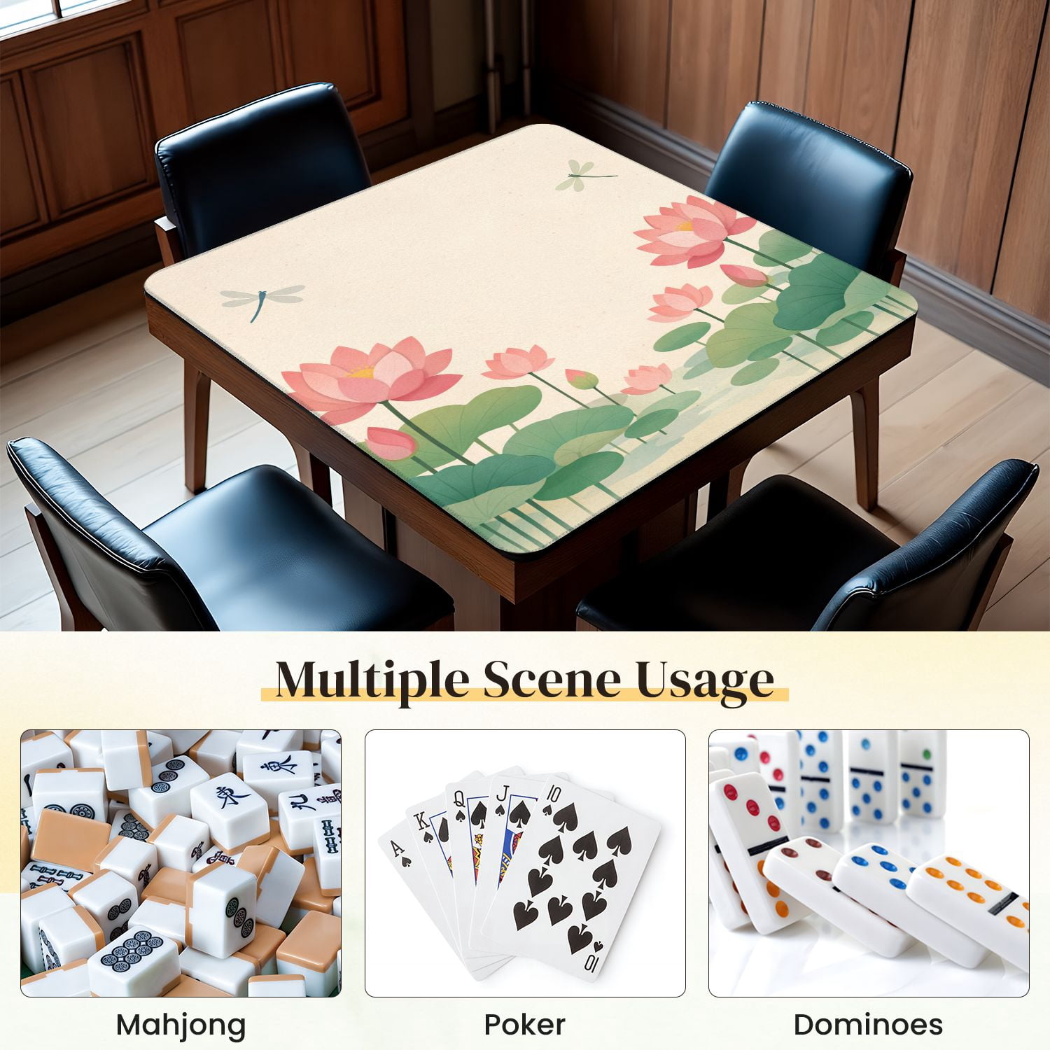 Mahjong Mat 31.5" x 31.5" Serene Lotus Pond Pink Flowers Dragonflies Soft Pastel Colors Non-Slip Noise Reduction Mahjong Tiles Table Cover for Dominoes Poker Card Board and Tile Games