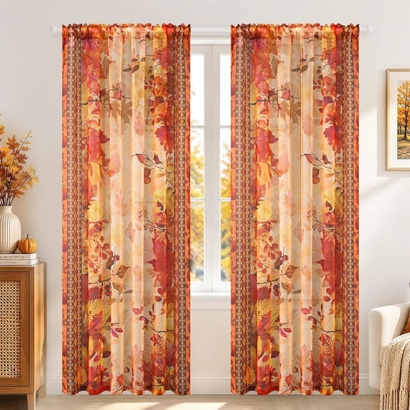 Fall Sheer Curtains 84 Inches Long for Living Room Maple Leaves Light Filtering Bedroom Curtains, Vintage Thanksgiving Window Curtain Rod Pocket Drapes, 52" W x 84" L, Orange, 2 Panels