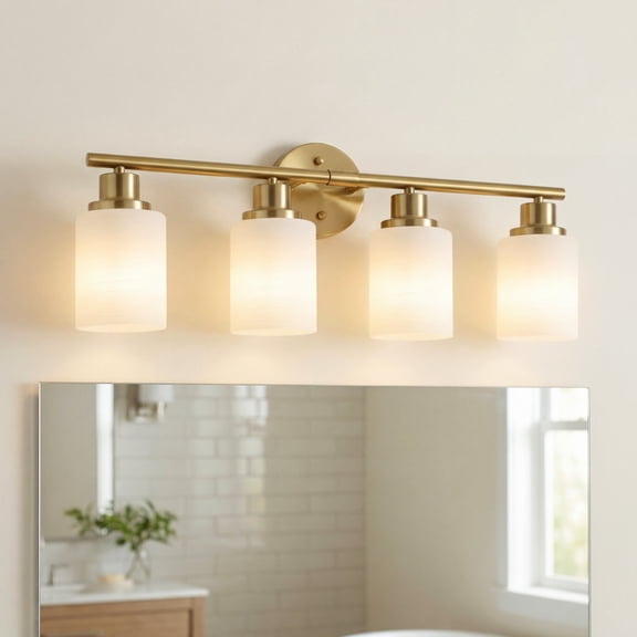 24" Modern Gold Vanity Light, 4-Light Bathroom Wall Sconce with Frosted Glass Shades, Wall Mount Lighting for Mirror or Hallway (No Bulbs)