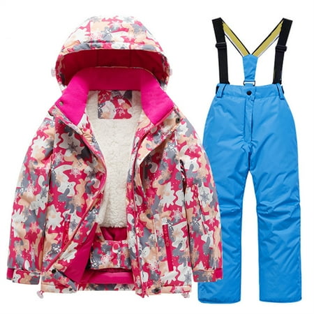 LIJCC Boys and Girls Winter 2 Piece Ski Suit Kids Waterproof Windproof Warm Thicken Hooded Jacket and Ski Pants Snowsuit(Sky Blue 11-12 Years)