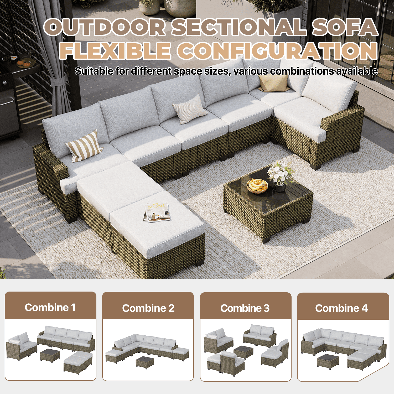 BaPiPro 9-Piece Outdoor Rattan Modular Patio Sofa Set with Thick Light Gray Cushions, Multi-Use Ottoman and Easy-Clean Coffee Table for Garden and Patio Leisure Use