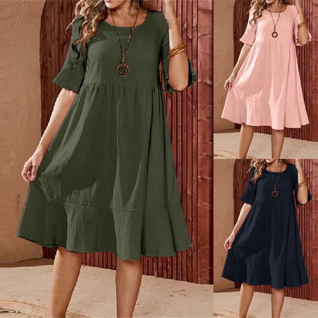 Gspmoly Robe pour Femmes, Robe Décontractée de Mode pour Femmes à Col Rond en Coton et Lin, Couleur Unie, à Manches Courtes, Robes de Cocktail pour Femmes jusqu'à 60 % de Rabais