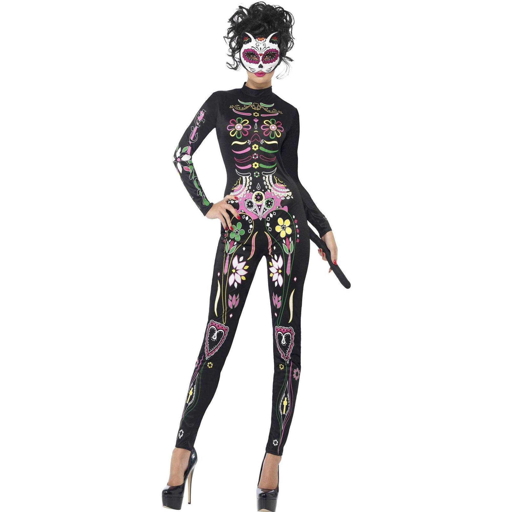 Girls Day of the Dead Spirit Costume Halloween Skeleton Sugar Skull Fancy Dress 