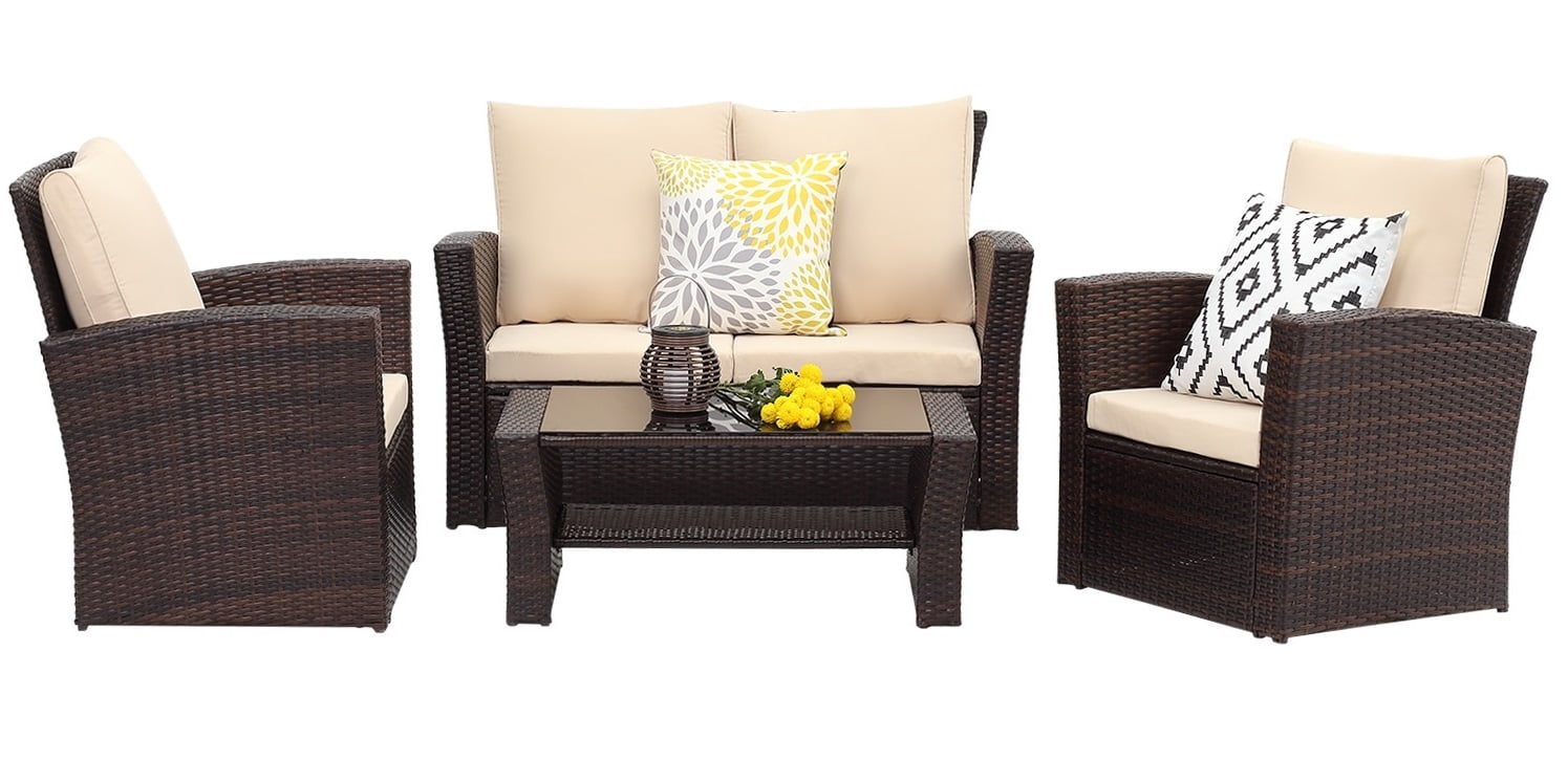 All-Weather Outdoor Patio Furniture Set - 4-Piece Wicker Rattan Sectional Conversation Set with Table and Cushions, Gray