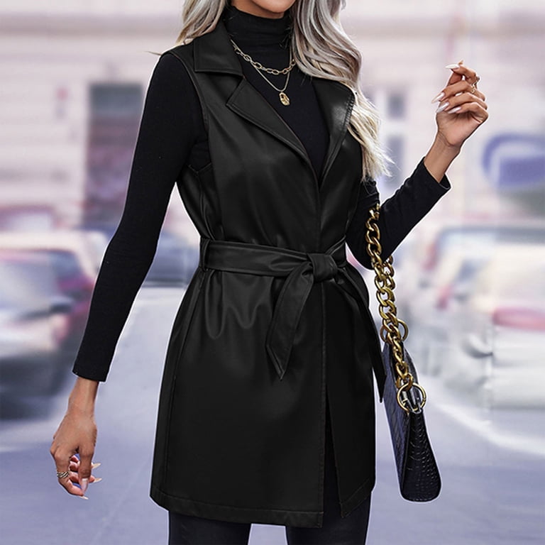 Rosewe Trendy Faux Leather Black Sleeveless Lapel Waistcoat - M
